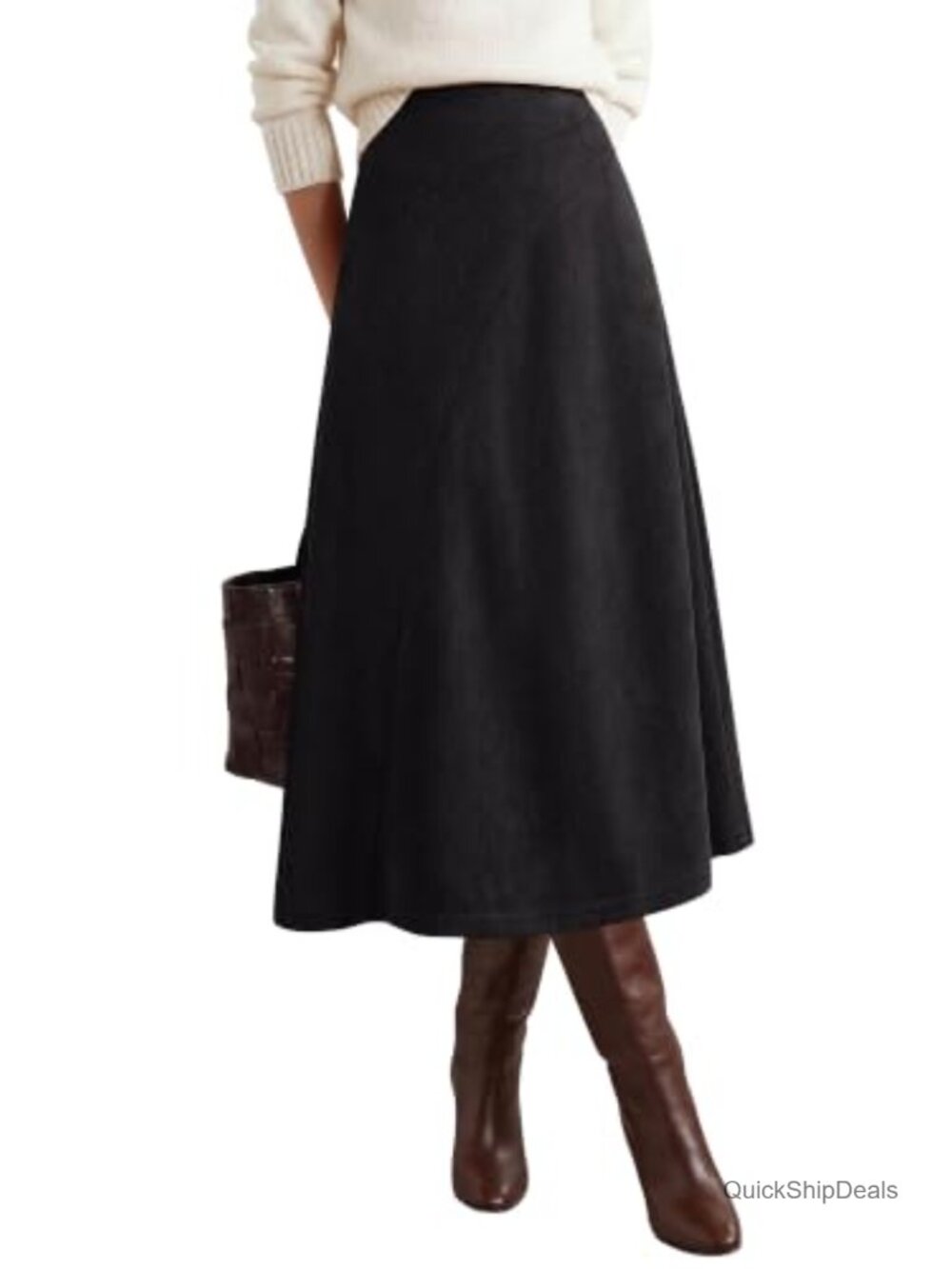 Women Faux Suede Midi Skirt A-Line High Waist Fall Winter